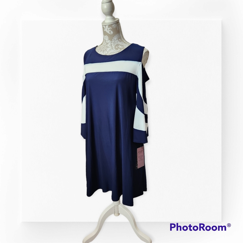 Nina Leonard Navy/White Bell Sleeve Cold Shoulder Dress size Large